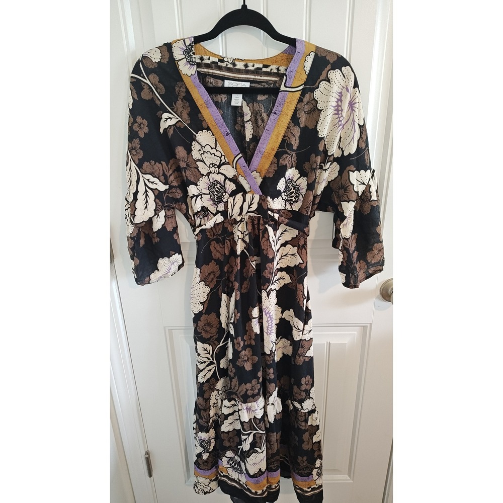 Women Size S 4-6 Sofia Jeans Floral Boho Maxi Dress Rayon Pockets Tie